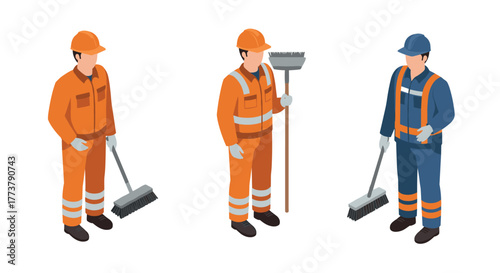 Isometric workers in safety uniforms holding brooms on white background