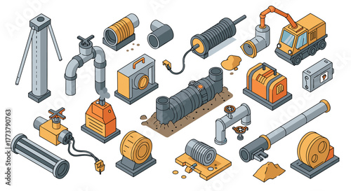 Isometric industrial equipment and pipeline icons in colorful style