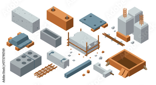 Isometric building blocks: construction materials set in 3d design