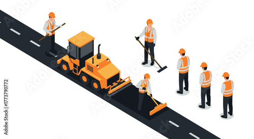 Construction crew working on road with heavy machinery in isometric design