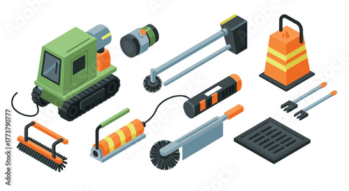 Isometric urban cleaning equipment set with road sweeper and tools