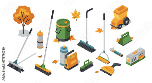 Isometric autumn cleaning tools with leaves and equipment on white background