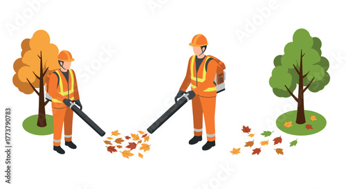 Isometric workers using leaf blowers in autumn park scene