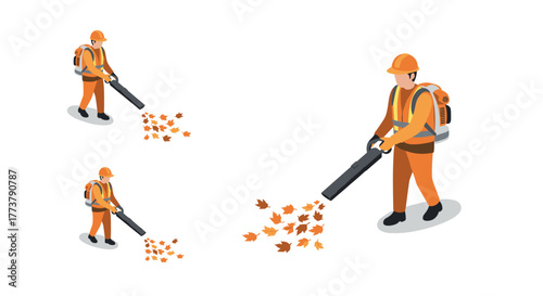 Isometric worker using leaf blower in safety gear on autumn day
