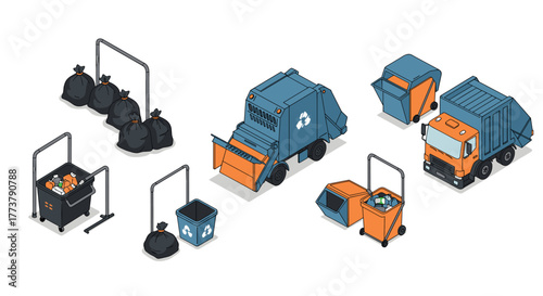 Isometric waste management collection with recycling trucks and bins