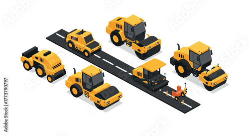 Isometric construction vehicles on road: set of heavy machinery illustrations