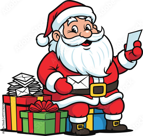 Happy Santa Claus reading Christmas letters, surrounded by colorful gift boxes, festive holiday illustration, cheerful Christmas cartoon, joyful winter celebration art
