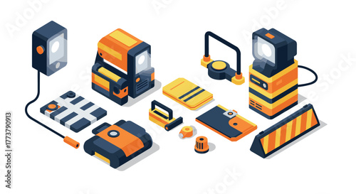 Modern isometric construction equipment icons for industrial design projects