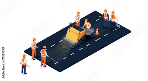 Team of construction workers operating paver machine for roadwork