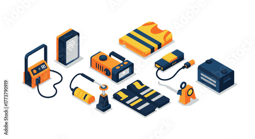 Isometric emergency equipment set with life jackets and flashlights in modern style