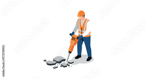 Construction worker operating jackhammer in safety gear on white background