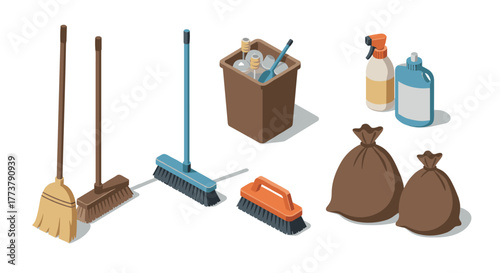 Isometric cleaning tools set with brooms and cleaning supplies on white background
