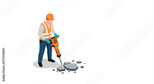 Construction worker with jackhammer in safety gear breaking concrete