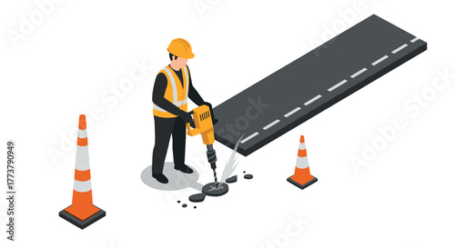 Construction worker using jackhammer on roadside with safety equipment and traffic cones