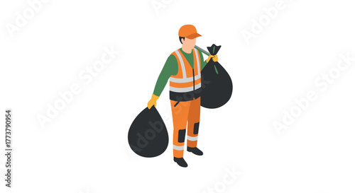 Isometric waste collector in orange uniform holding garbage bags