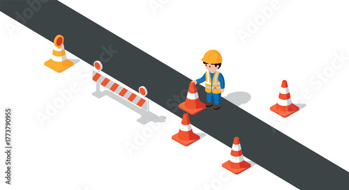 Construction worker on road with traffic cones and barrier in isometric style
