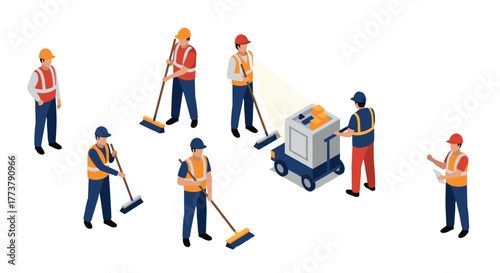 Construction workers in isometric design operating floor cleaning machine
