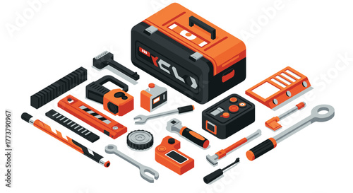 Comprehensive toolkit with isometric design featuring diverse hand tools in orange and black