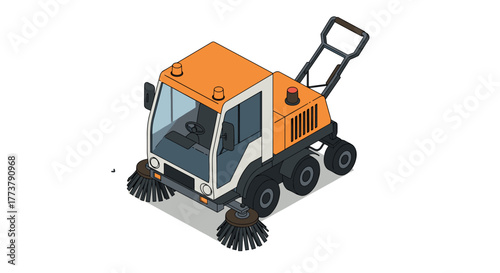 Miniature street sweeper vehicle in isometric perspective with dual brushes