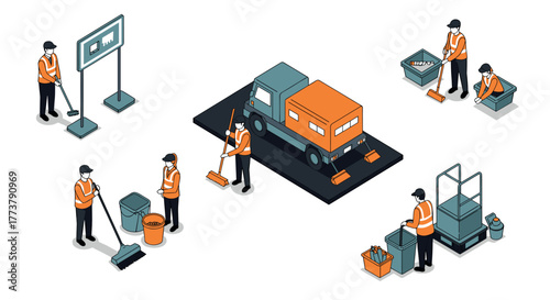 Isometric city cleanup crew and equipment in action