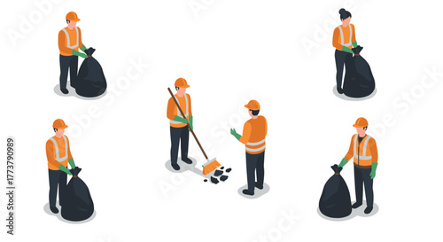 Garbage collection workers in uniform with tools for cleaning city