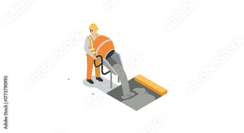Isometric construction worker pouring concrete with mixer