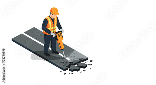 Construction worker using jackhammer on road in isometric style
