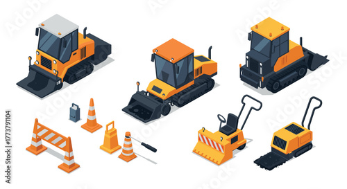 Isometric construction vehicles and tools set for building and roadwork projects