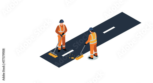Isometric road construction workers sweeping debris on highway