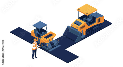 Isometric construction scene with heavy equipment and worker on road
