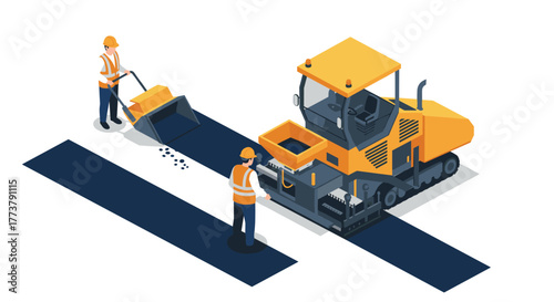 Isometric road construction with machinery and workers in safety gear