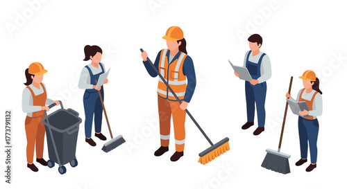 Isometric team of workers with cleaning equipment in uniforms