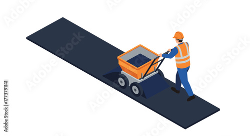 Road construction worker operating asphalt paver in isometric style