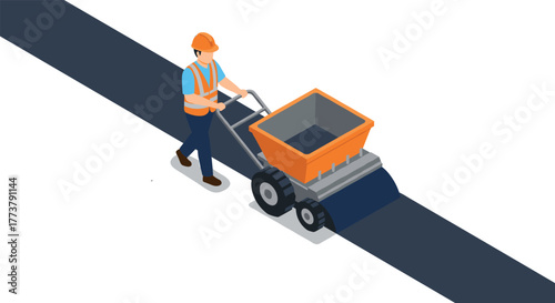 Isometric road construction worker operating asphalt paver machine