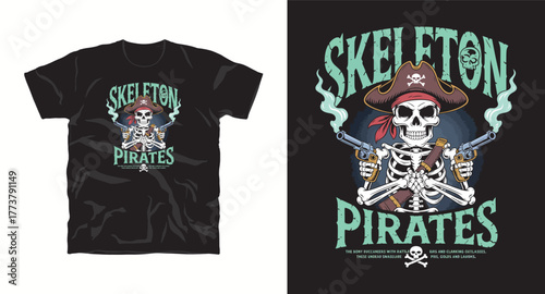 Skeleton Pirates Vector Illustration for T-Shirt Printing Skull Art Design Pirate Theme Adventure Graphic Bones Nautical Apparel Sea Battle Undead Buccaneer Clanking Cutlasses