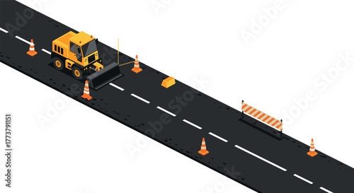 Isometric road construction scene with bulldozer and safety cones