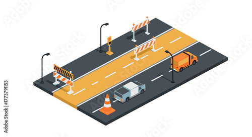 Isometric highway construction scene with vehicles and traffic barriers