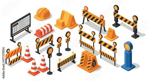 Construction site barrier collection in isometric style with safety equipment