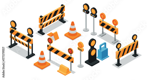 Isometric construction traffic barriers and signs collection for urban planning