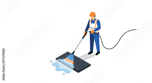 Isometric worker cleaning with pressure washer in safety gear on white background