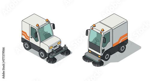 Clean city isometric street sweeper trucks