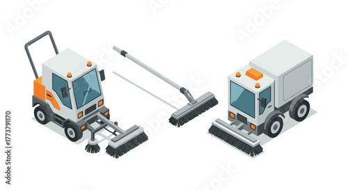 Isometric street sweeper vehicles and equipment for urban cleaning