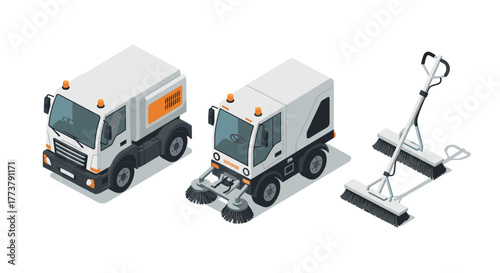 Isometric city cleaning vehicles: street sweeper and pavement cleaner