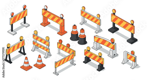 Isometric construction barriers and traffic cones set