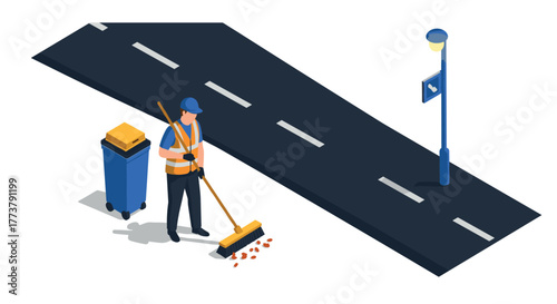 Street cleaner sweeping roadside in isometric urban scene with lamp post and trash bin