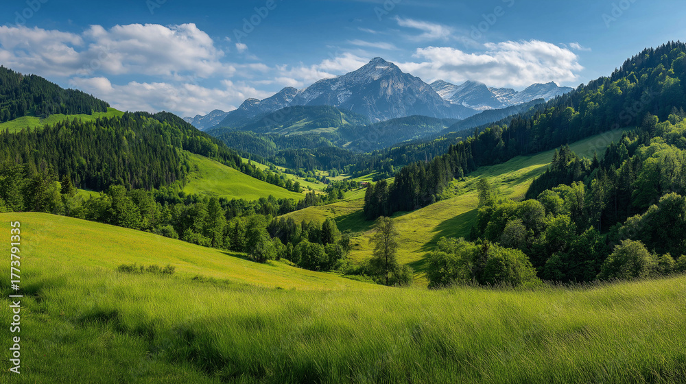 Fototapeta premium Lush green valley with rolling hills, dense forests, and snowcapped mountains under a bright blue sky with scattered clouds