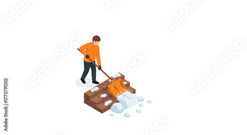 Isometric winter scene with person shoveling snow on steps in casual attire
