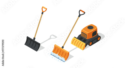 Isometric snow removal tools and equipment on white background