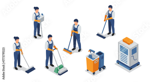 Isometric professional cleaning service workers with equipment in uniform
