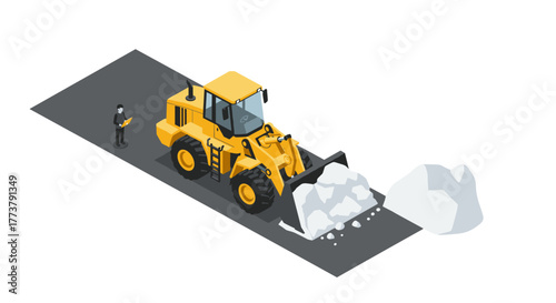 Isometric construction scene with excavator on road